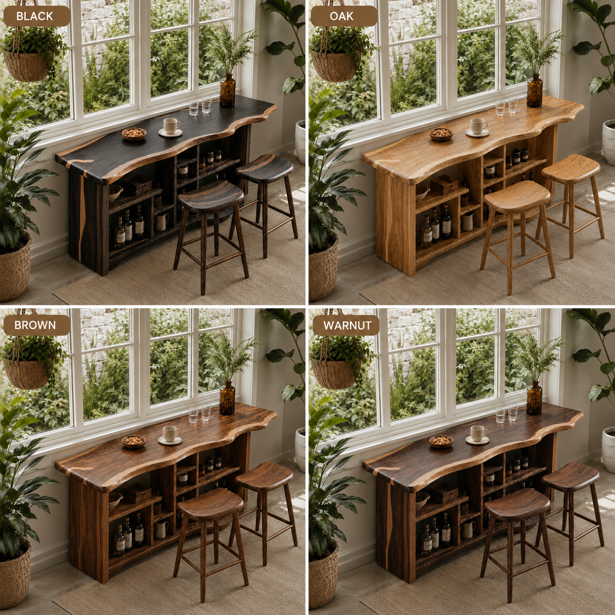 Live Edge Wood Bar Table Set – Solid Wood Home Bar Counter with Stools for Living Room Decor