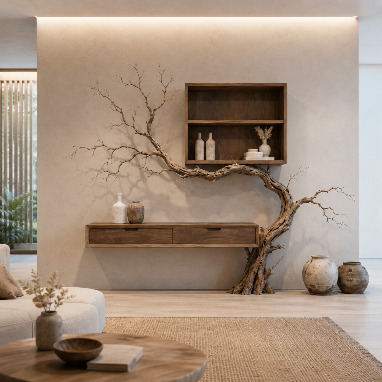 Tree Branch Wood Console Table – Solid Wood Wall Shelf with Cabinet and Sculptural Tree Base