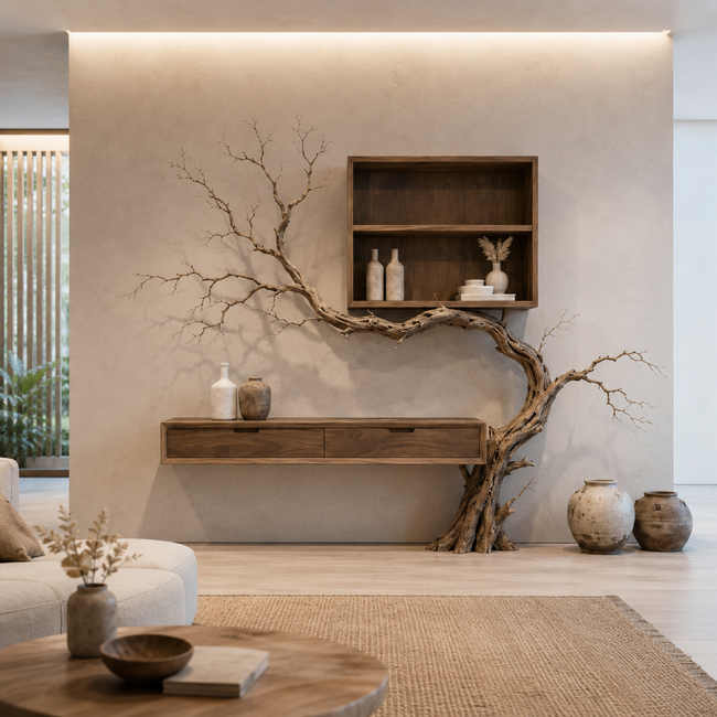 Tree Branch Wood Console Table – Solid Wood Wall Shelf with Cabinet and Sculptural Tree Base Hover Image
