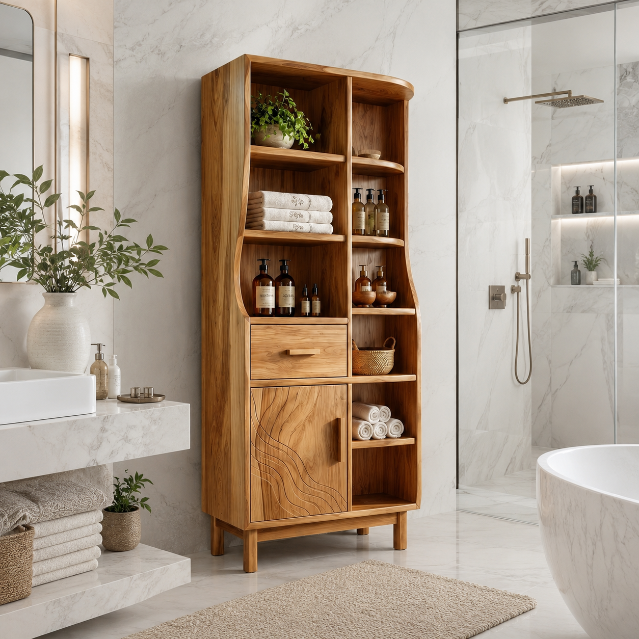 Wood Bathroom Storage Cabinet – Solid Wood Linen Cabinet with Shelves for Bathroom Decor