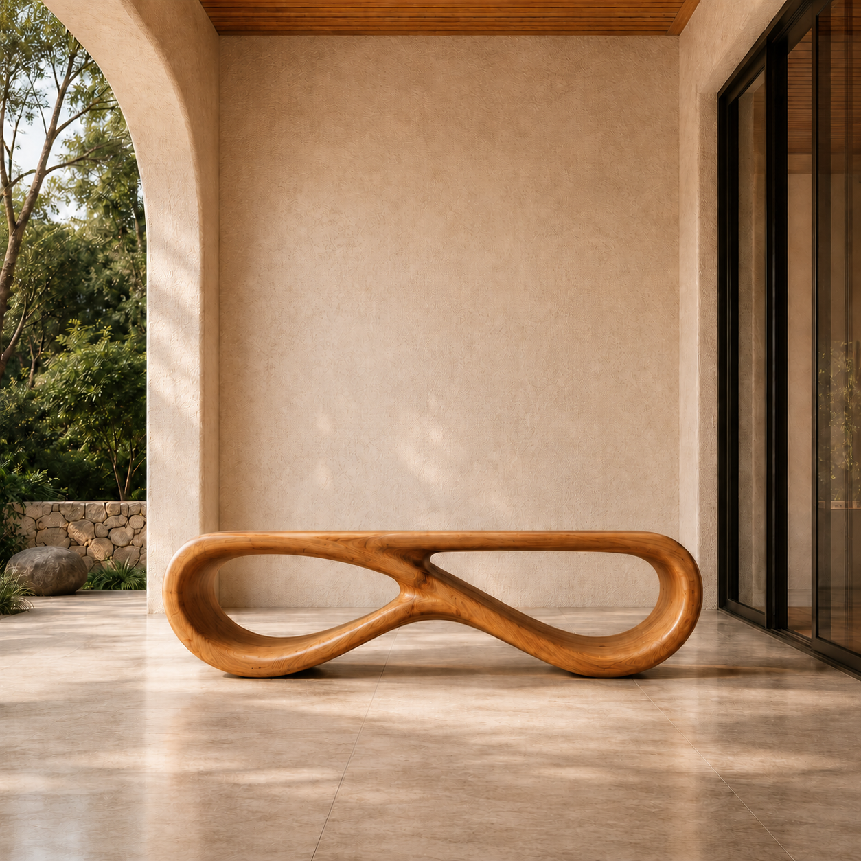Infinity Bench – Sculptural Solid Wood Bench for Modern Living Room