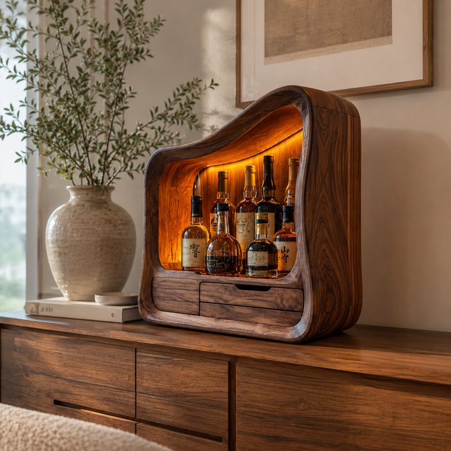 Sculptural Wood Display Cabinet – Solid Wood Lighted Storage Cabinet for Living Room Decor Main Image