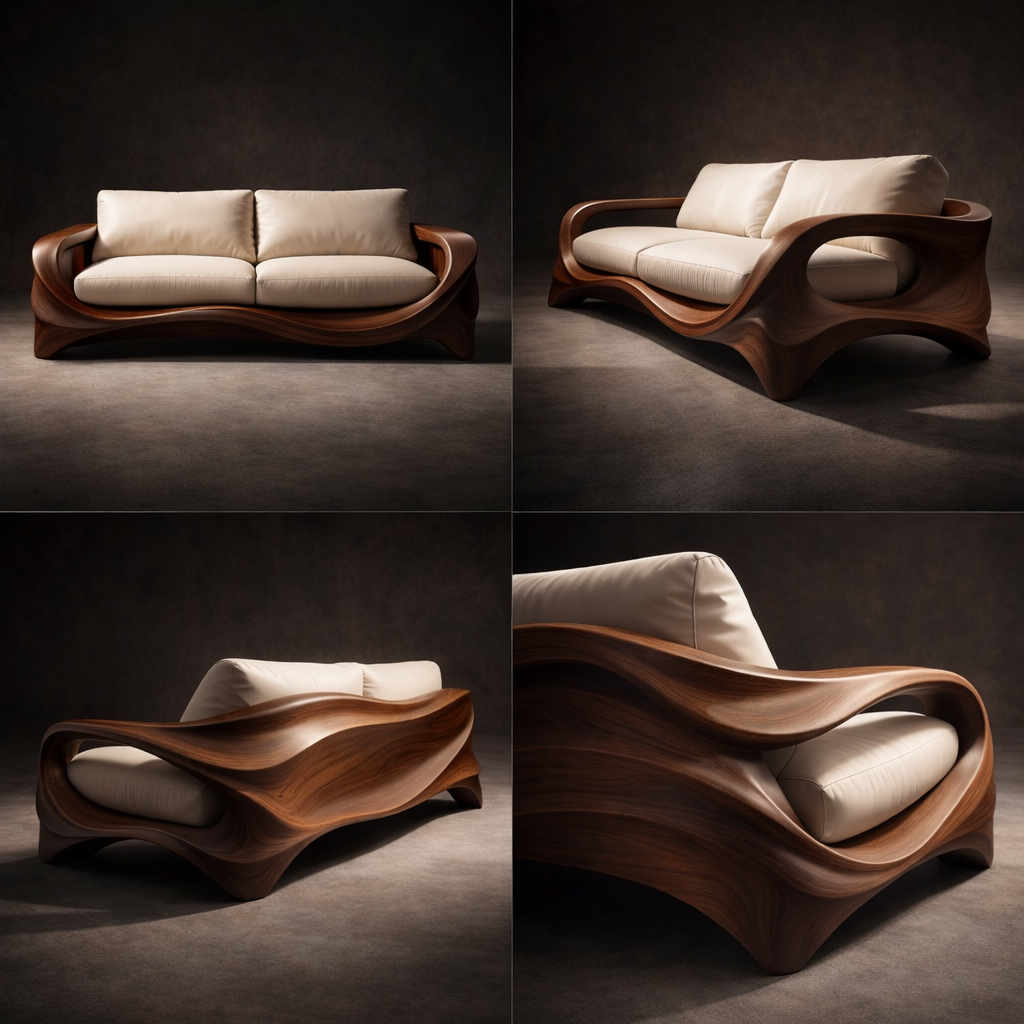 Solid Wood Curved Sofa with Cushions – Sculptural Modern Design