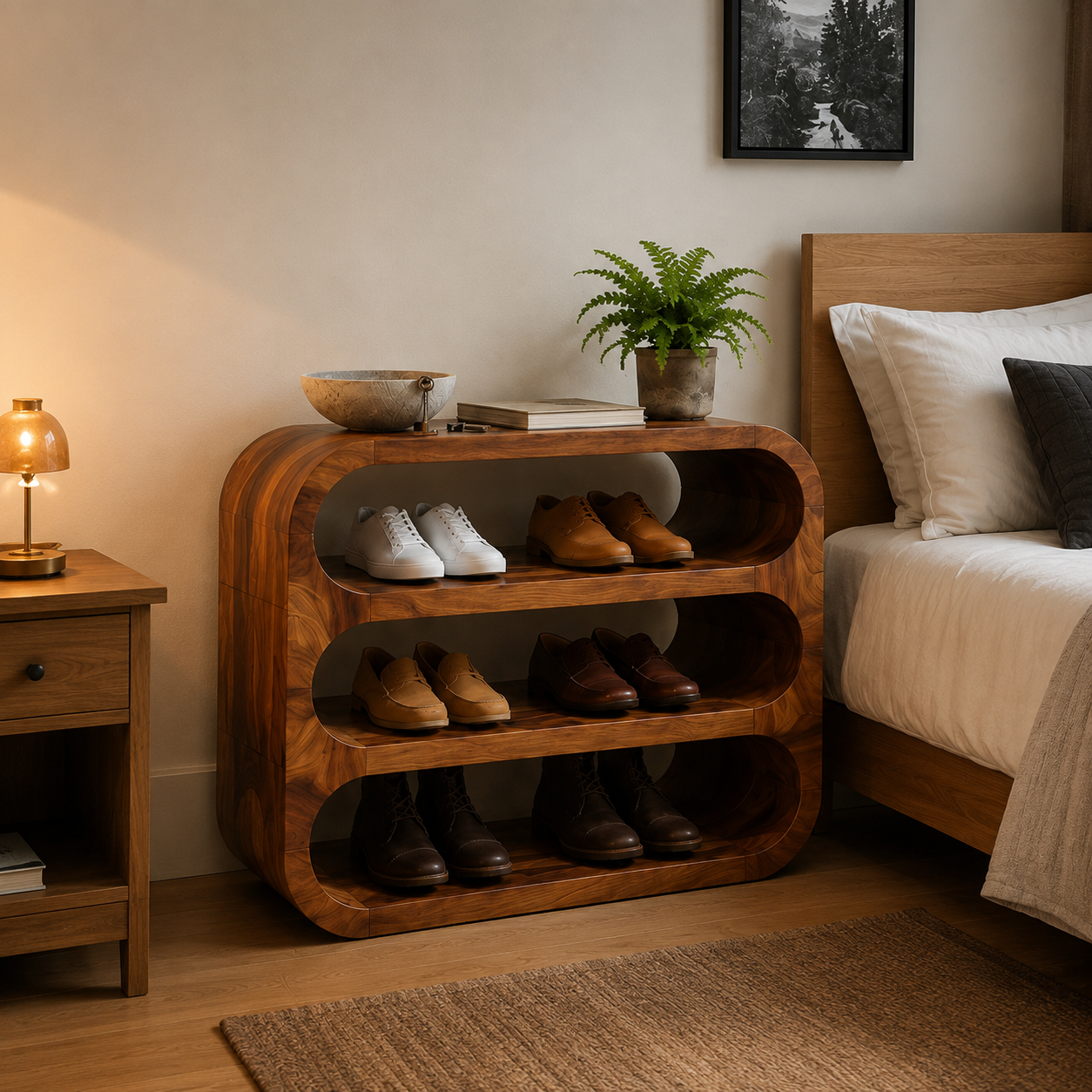 Curved Wood Shoe Rack – Solid Wood Entryway Shoe Storage Shelf for Home Decor