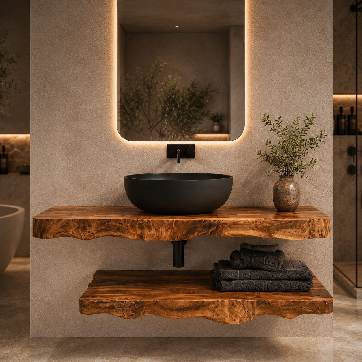 Floating Bathroom Vanity – Live Edge Solid Wood Vanity with Shelf