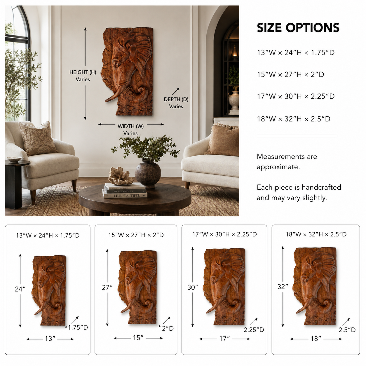 Elephant Wood Wall Art – Solid Wood 3D Relief Carving for Living Room Decor