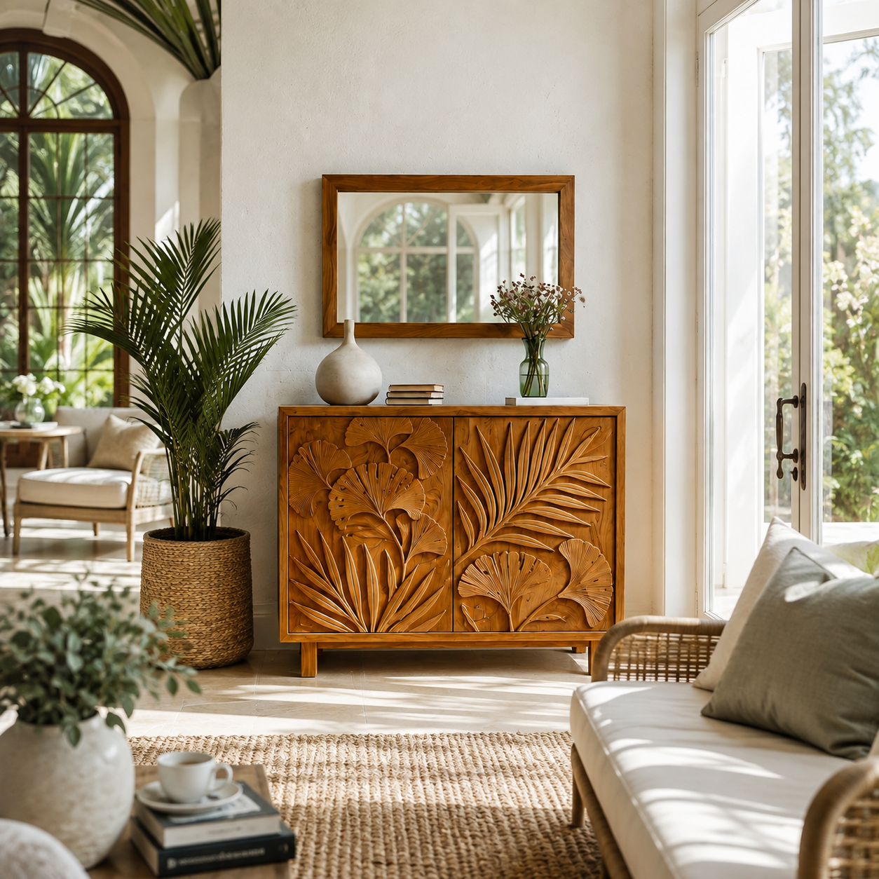 Botanical Carved Wood Accent Cabinet