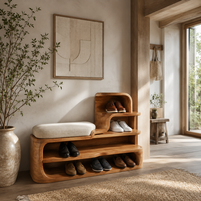 Wood Shoe Bench with Storage – Solid Wood Entryway Shoe Rack Bench with Cushion Hover Image