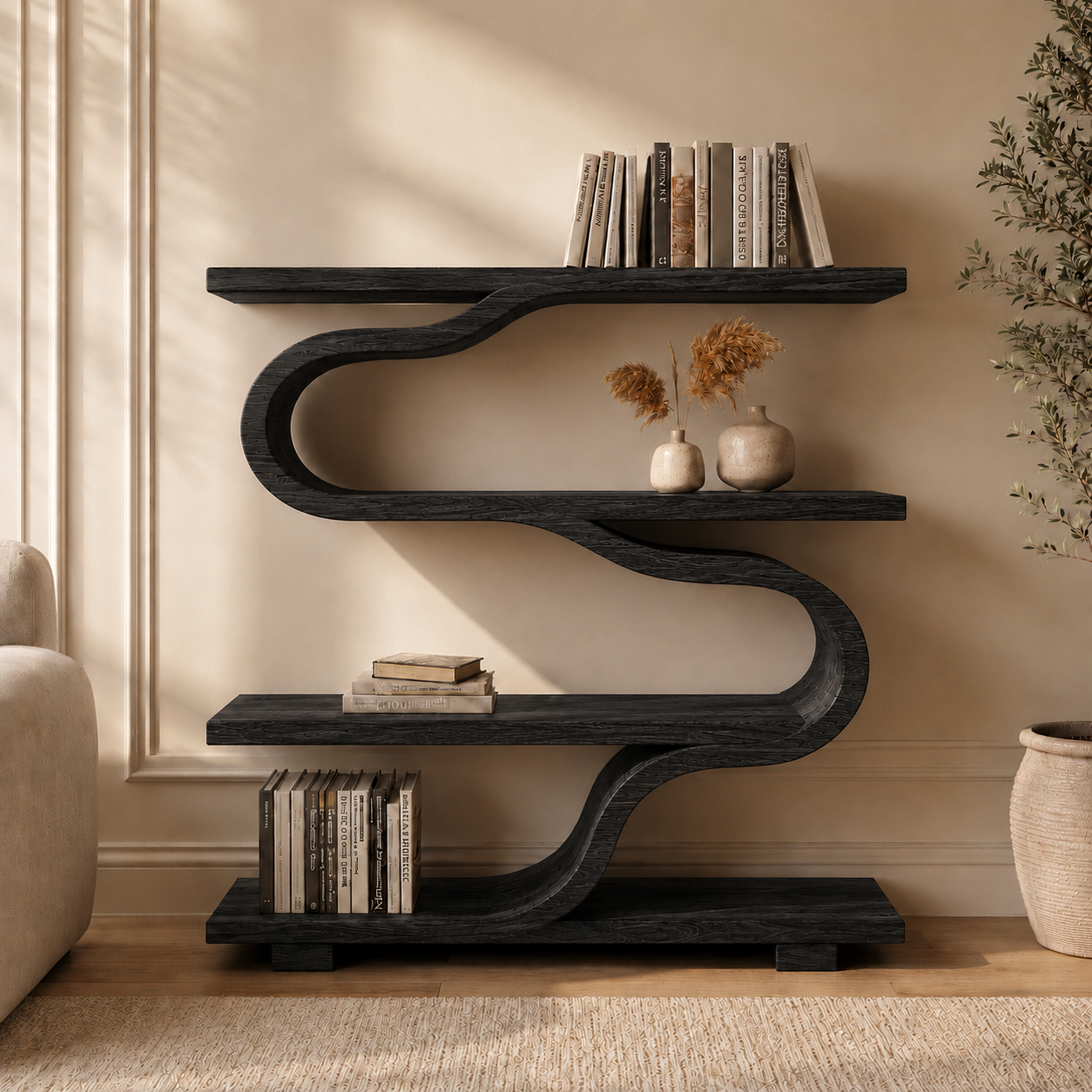 S-Shaped Bookcase – Sculptural Solid Wood Shelf for Living Room