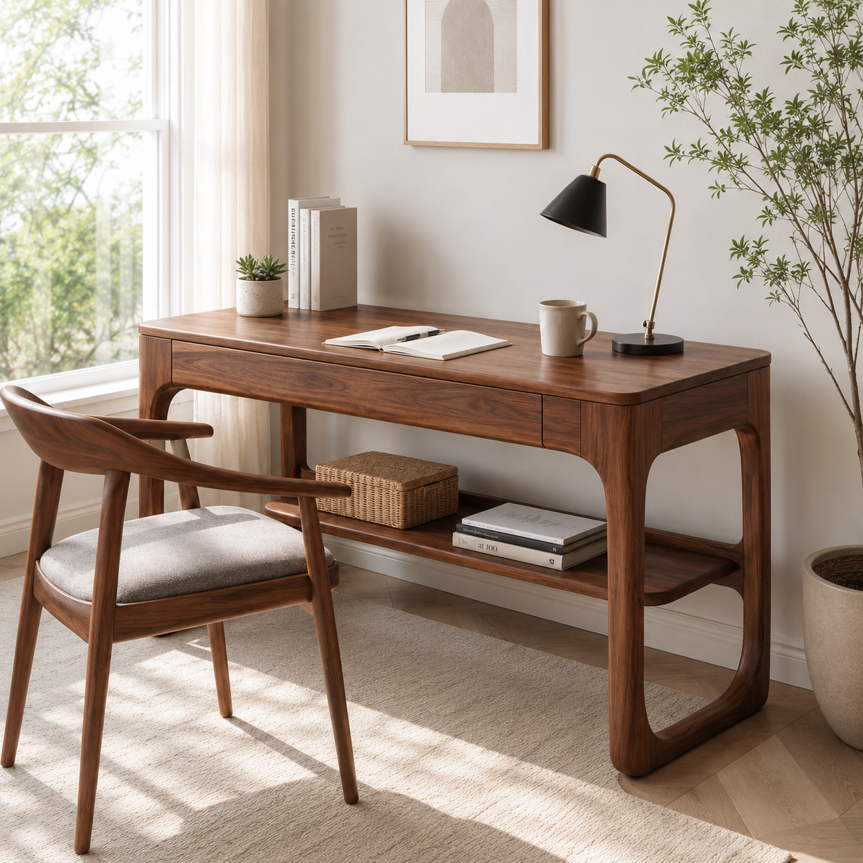 Rounded Wood Writing Desk – Solid Wood Office Desk with Lower Storage Shelf for Home Office Decor
