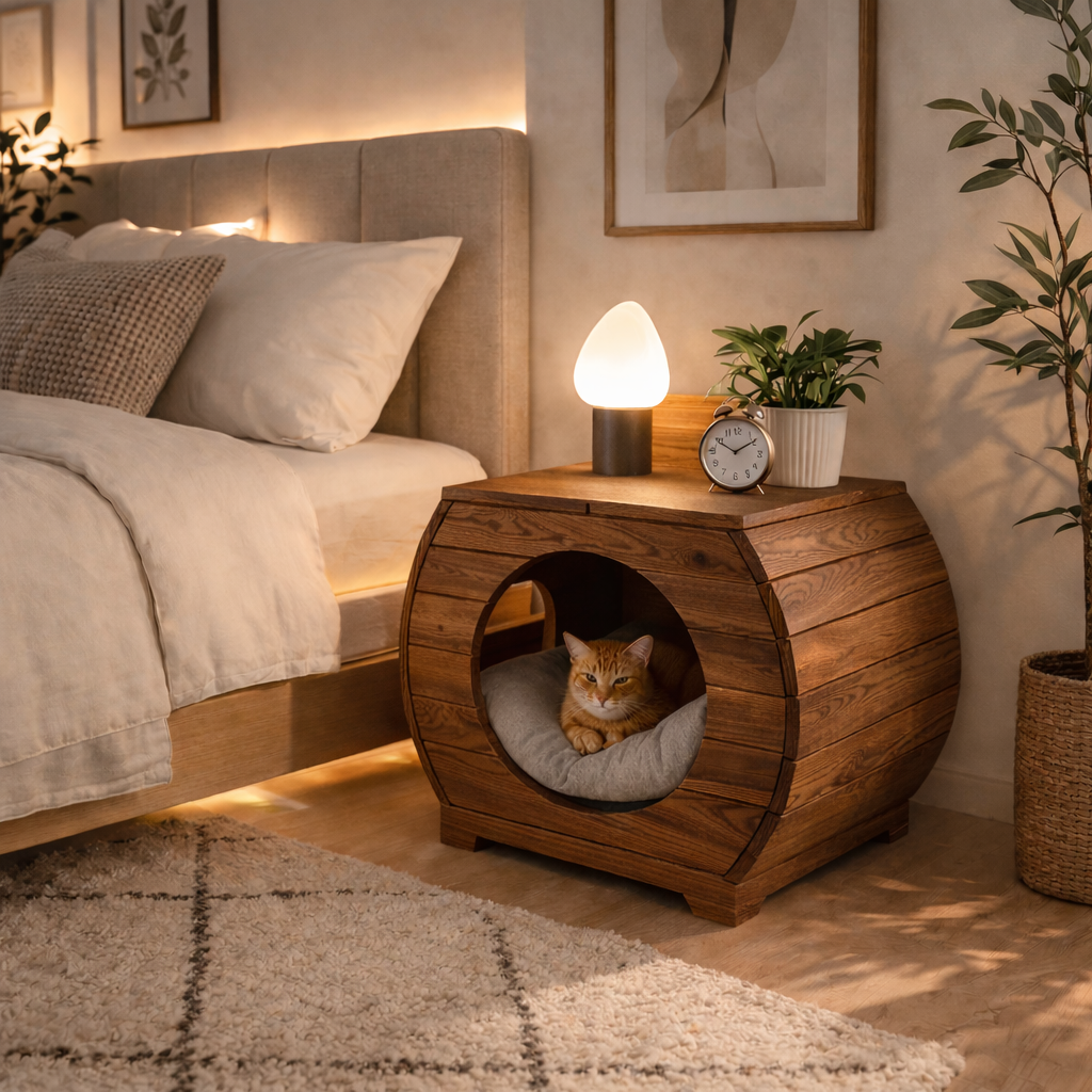 Cat House Nightstand – Solid Wood Bedside Table for Bedroom Decor