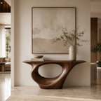 Sculptural Console Table – Solid Wood Entryway Table with Round Mirror