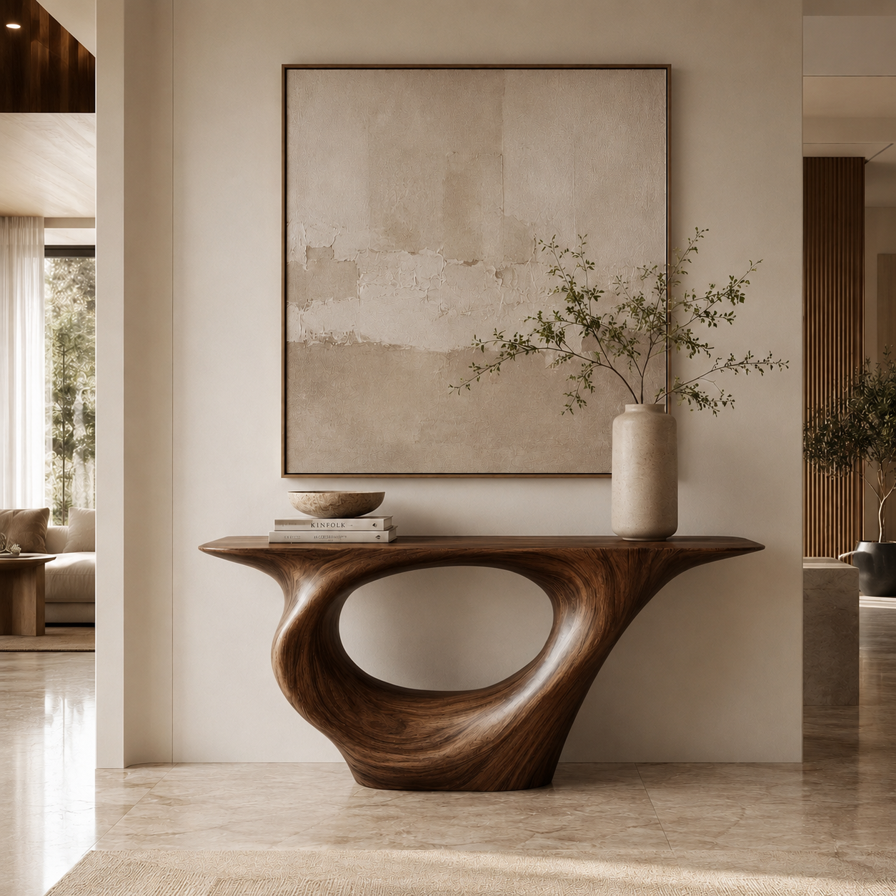 Sculptural Console Table – Solid Wood Entryway Table with Round Mirror