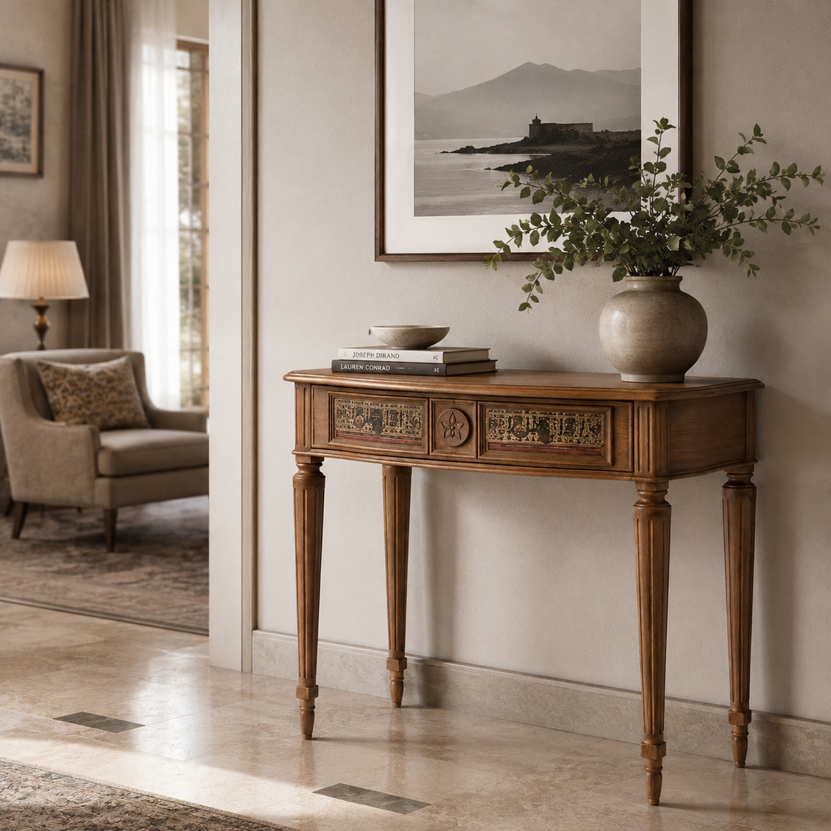 Heritage Wood Vanity Table with Upholstered Stool