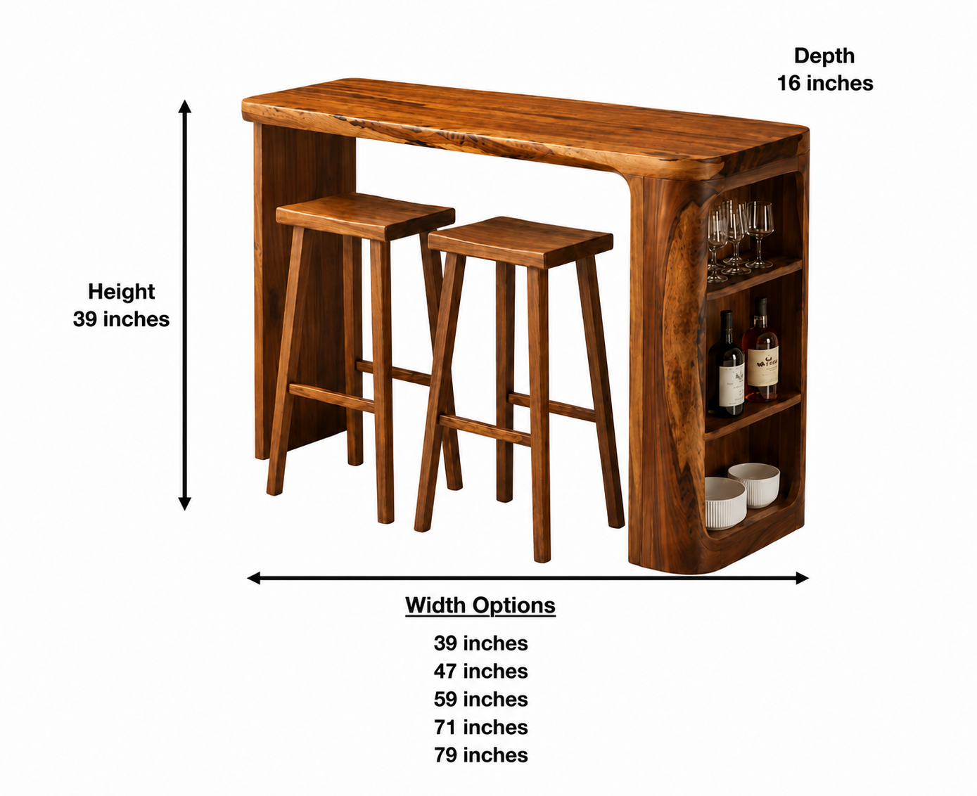 Live Edge Wood Bar Table Set – Solid Wood Home Bar Counter with Storage Shelves and Stools
