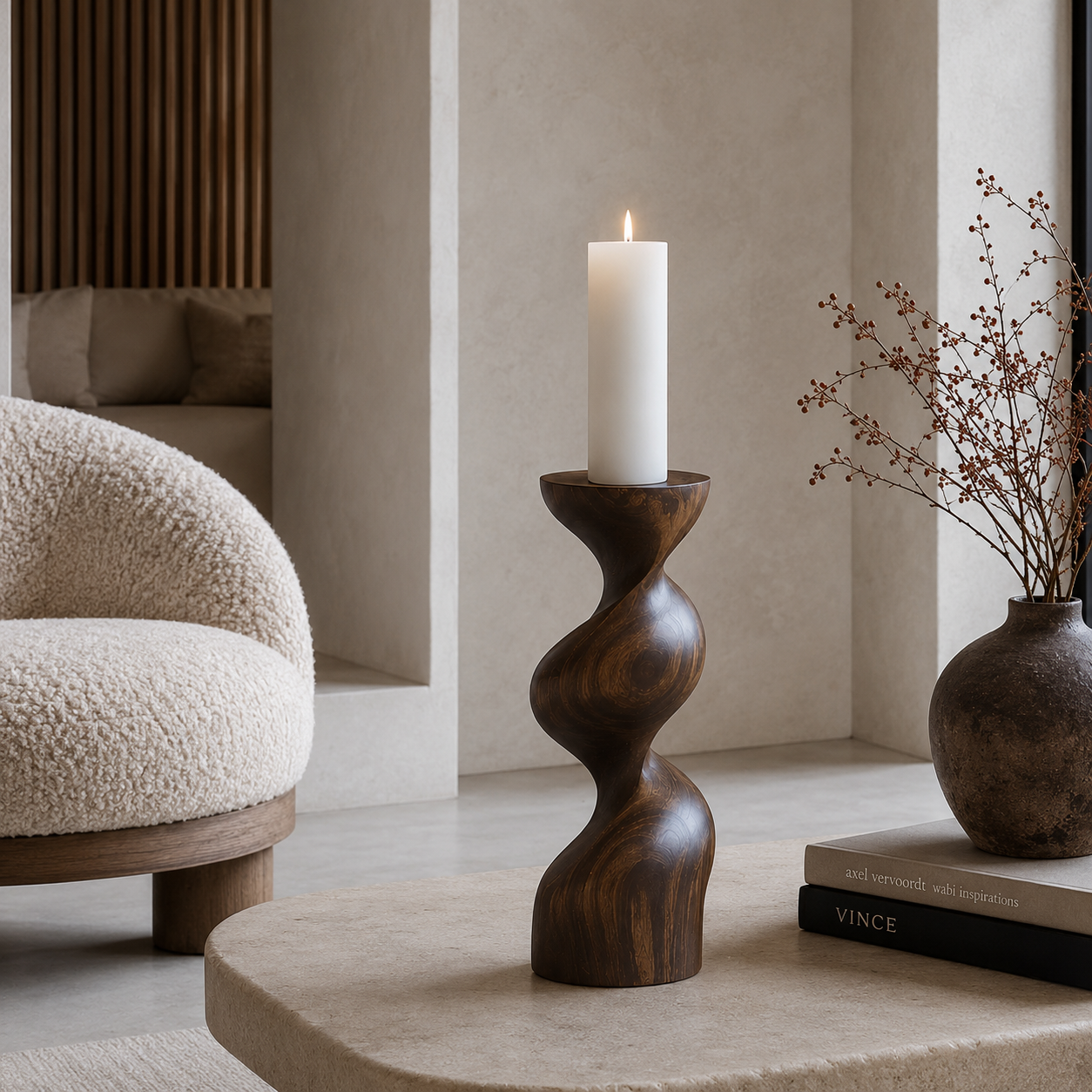 Twisted Wood Candle Holder – Solid Wood Sculptural Candle Stand for Living Room Decor