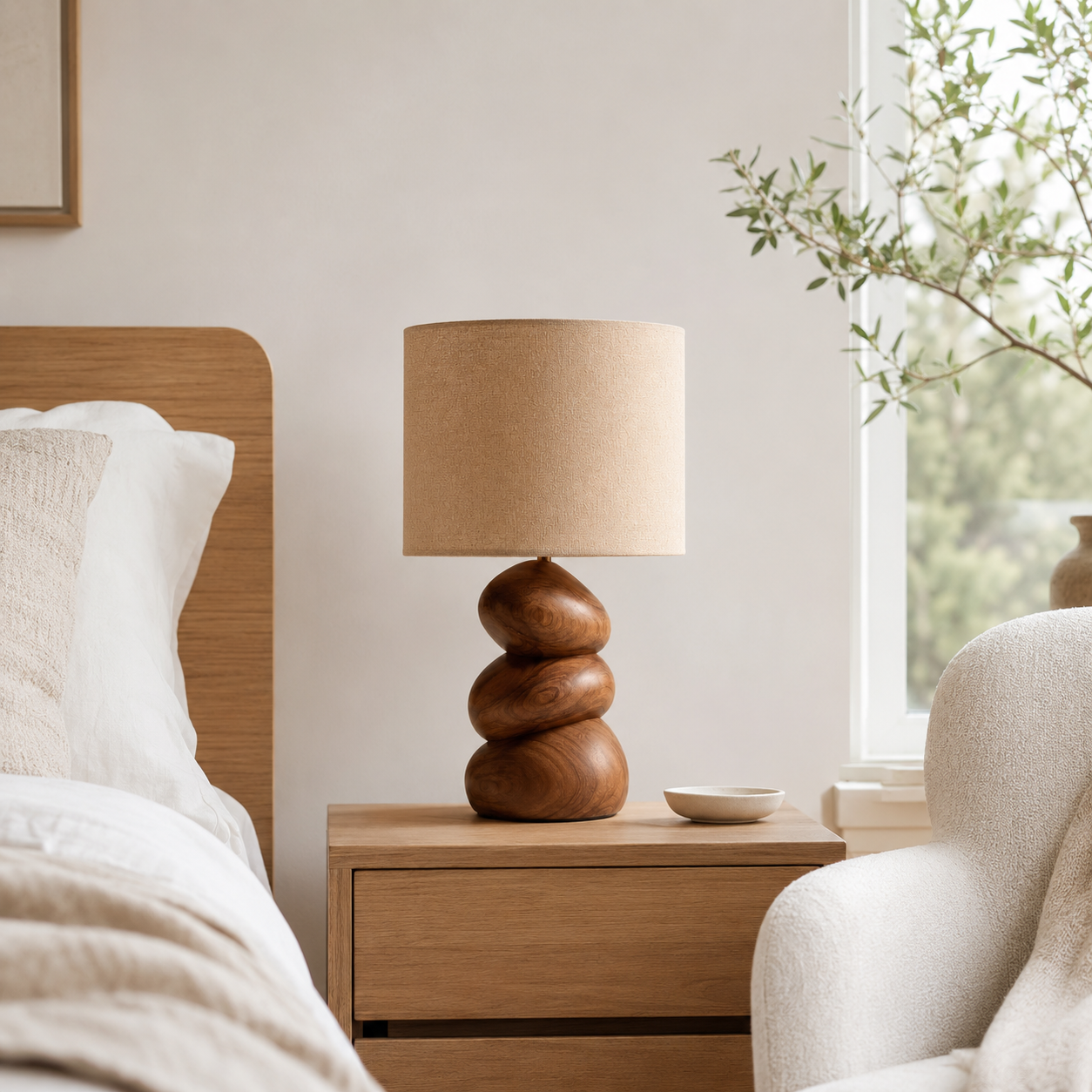 Pebble Wood Table Lamp – Solid Wood Stacked Bedside Lamp for Bedroom Decor