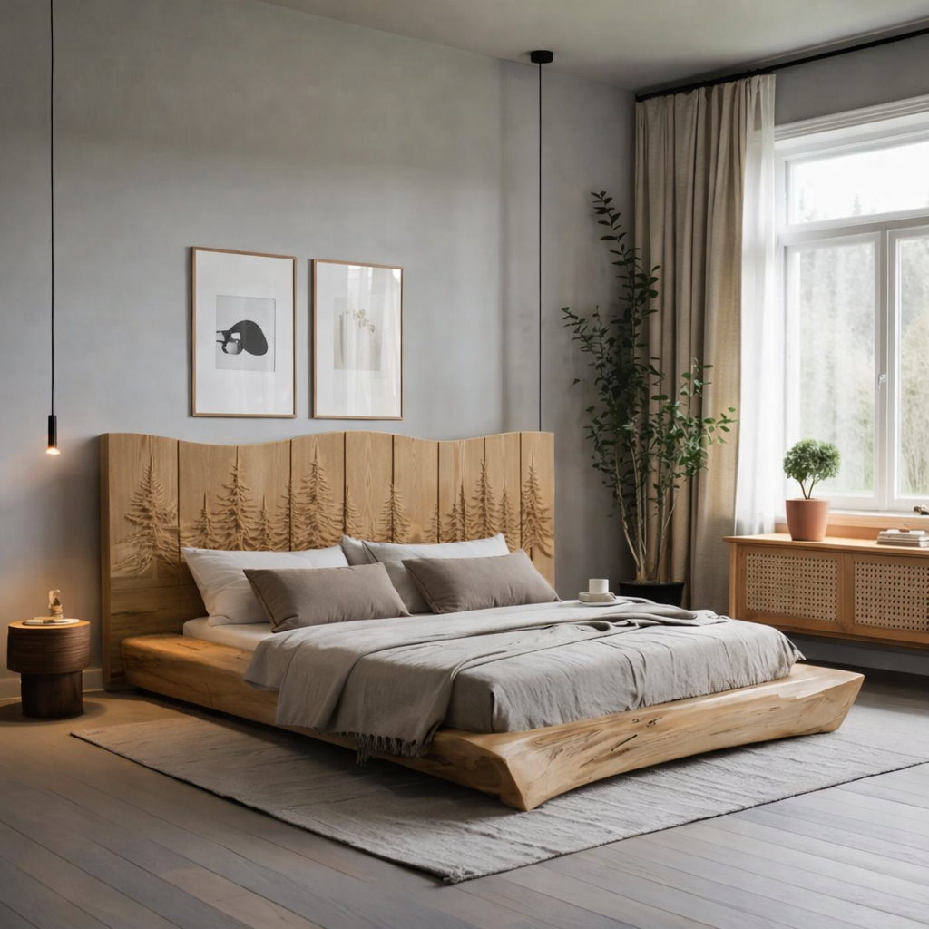 Solid Wood Bed Frame with Hand-Carved Headboard & LED Lighting