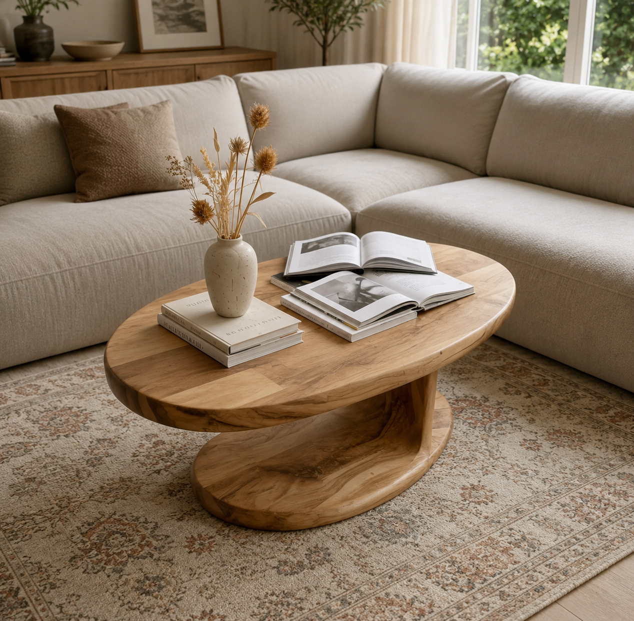Sculptural Coffee Table – Solid Wood Modern Table for Living Room Decor