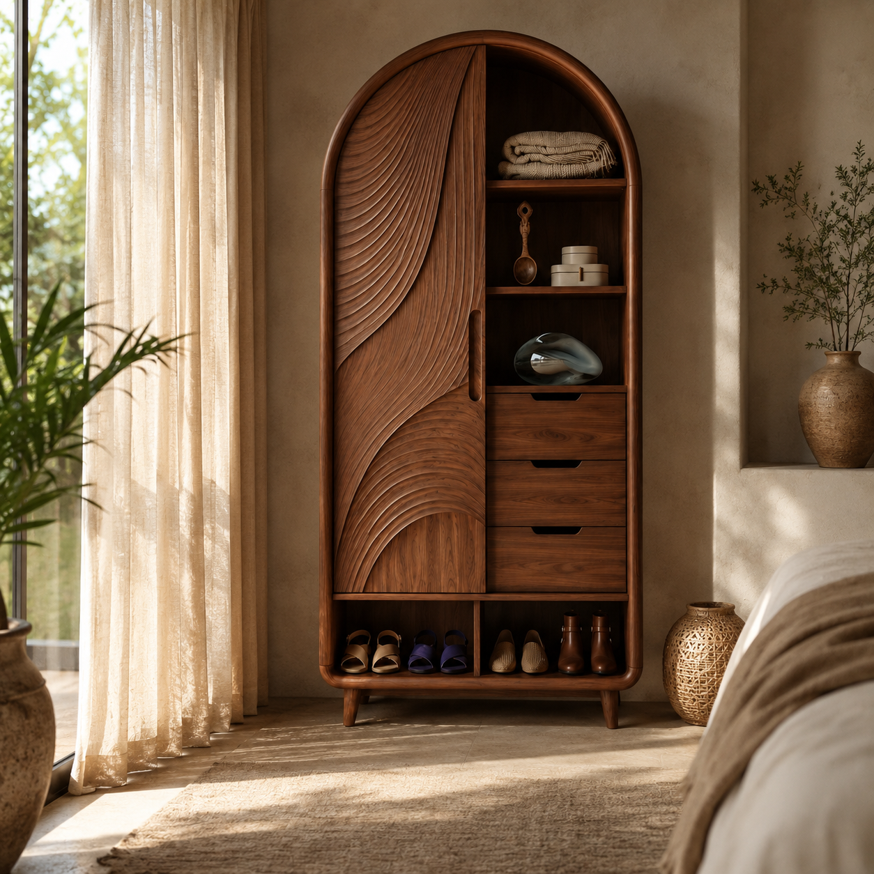 Arched Wood Wardrobe – Solid Wood Carved Storage Cabinet for Bedroom Decor