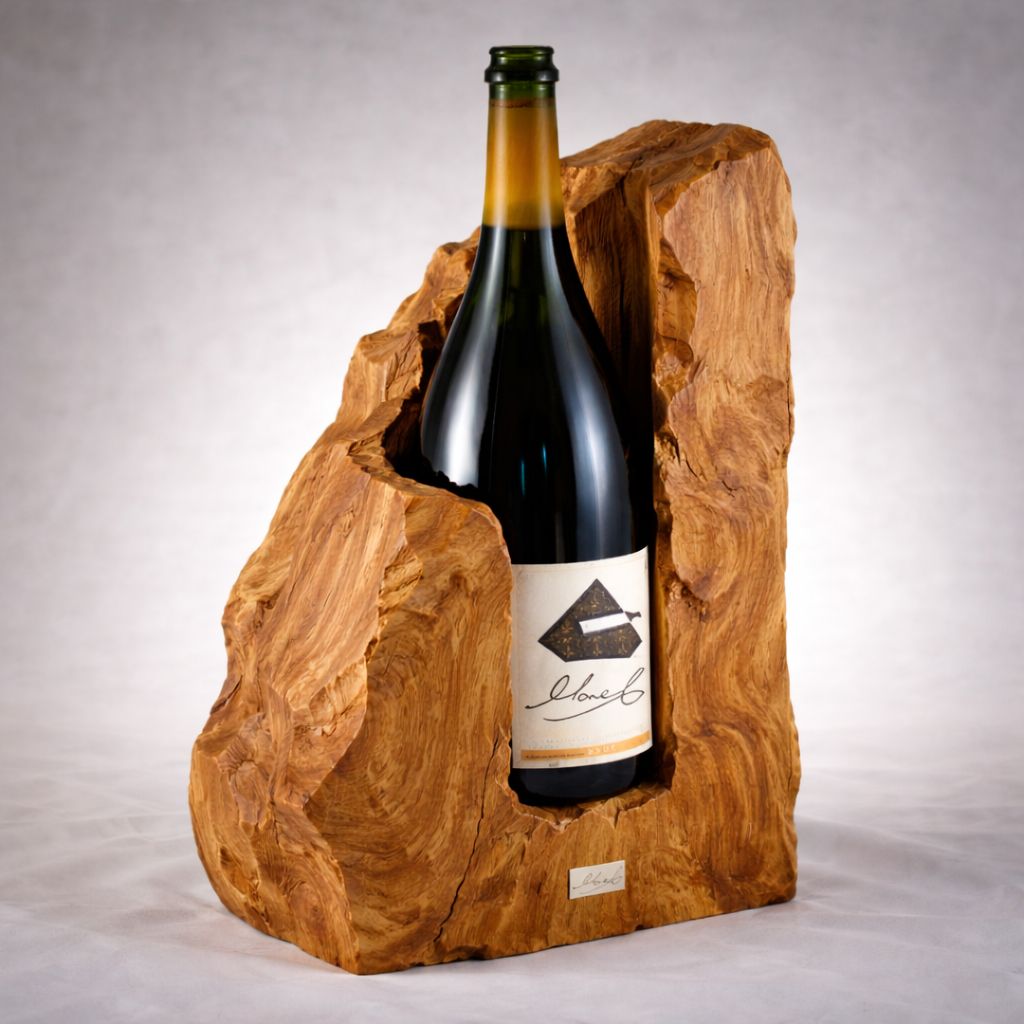 Hand-Carved Solid Wood Wine Holder for Sculptural Bottle Display