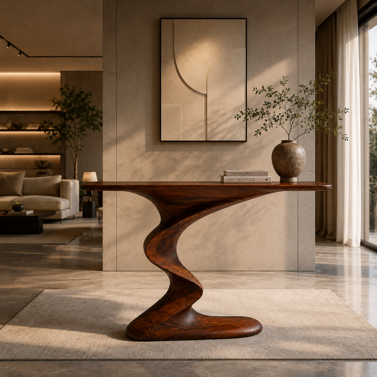 Sculptural Console Table – Solid Wood Modern Table for Entryway Decor