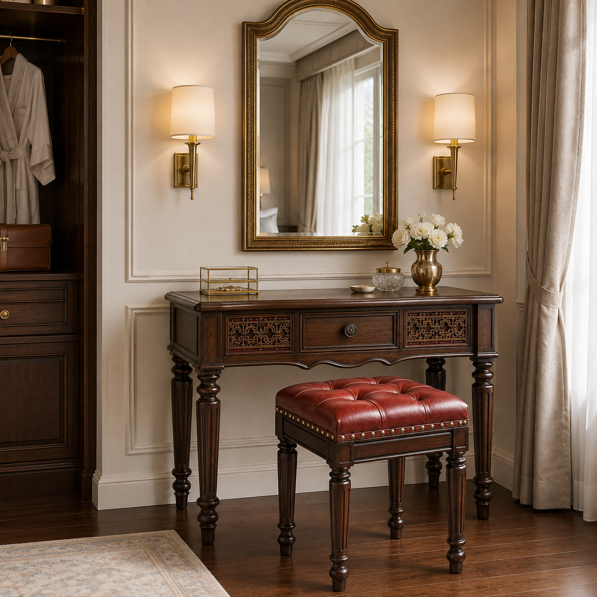 Classic Carved Wood Vanity Table with Stool