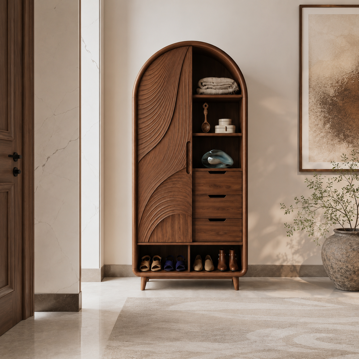 Arched Wood Wardrobe – Solid Wood Carved Storage Cabinet for Bedroom Decor