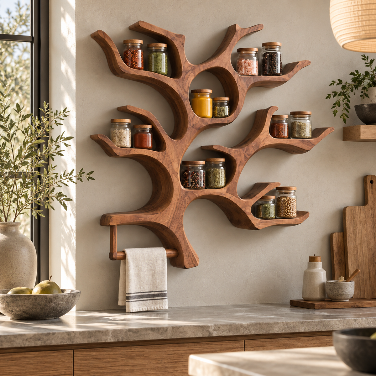 Tree Branch Wood Spice Shelf with Towel Bar