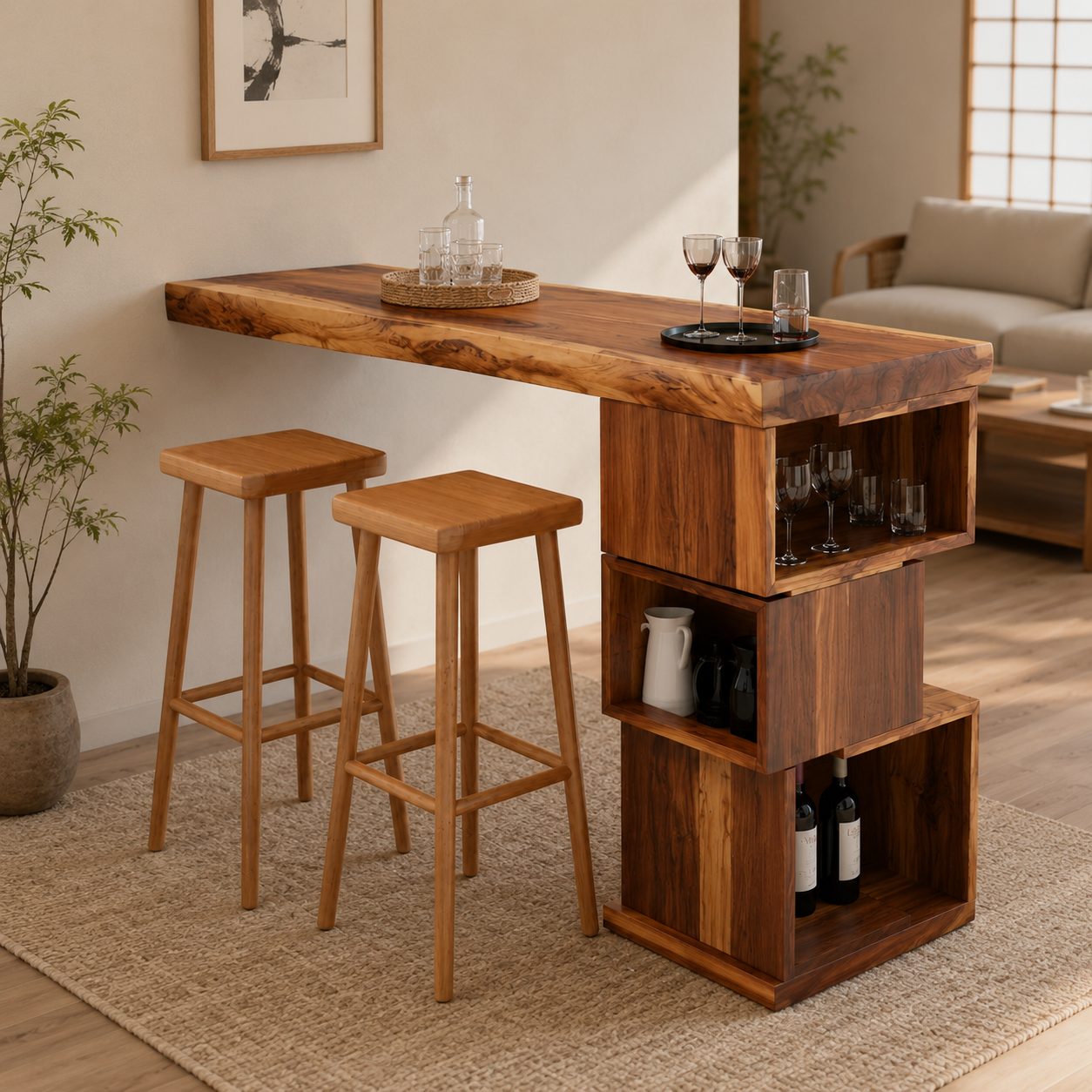 Outdoor Wood Bar Table Set – Solid Wood Balcony Bar Counter with Storage and Stools