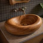 Hand-Carved Solid Wood Vessel Sink – Organic Round Bathroom Basin