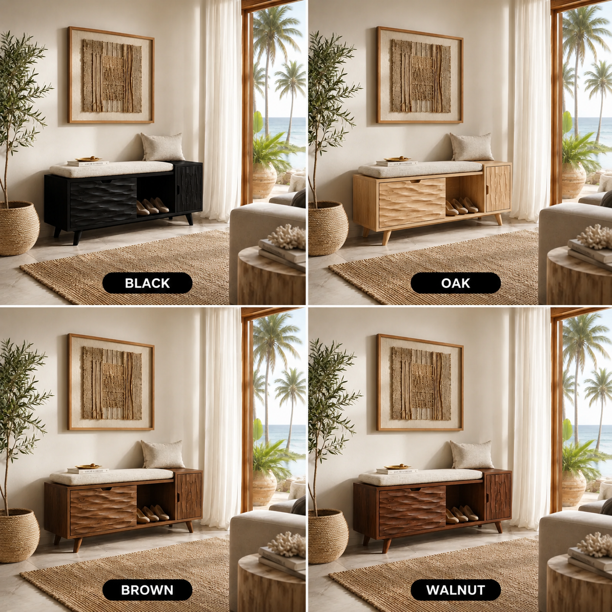 Wood Entryway Storage Bench – Solid Wood Shoe Bench with Cushion and Carved Cabinet Doors