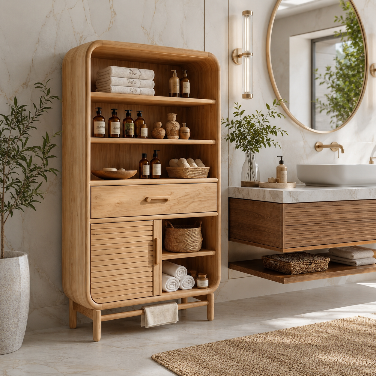 Rounded Wood Bathroom Storage Cabinet – Solid Wood Linen Cabinet with Shelves for Bathroom Decor