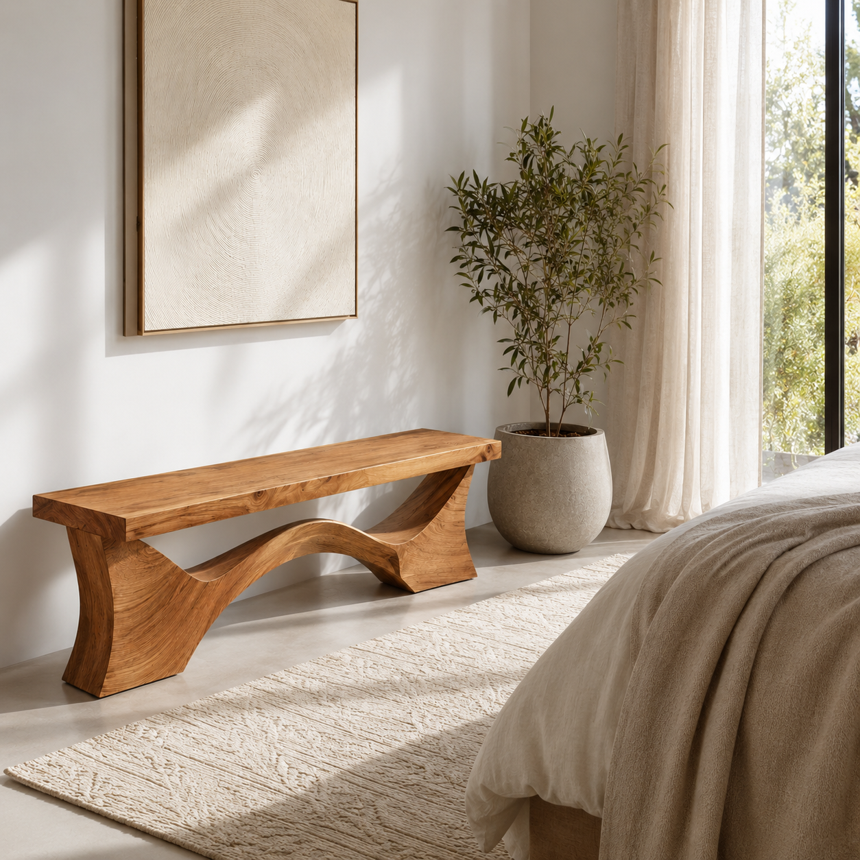 Sculptural Wood Entryway Bench – Solid Wood Hallway Bench with Curved Base for Home Decor