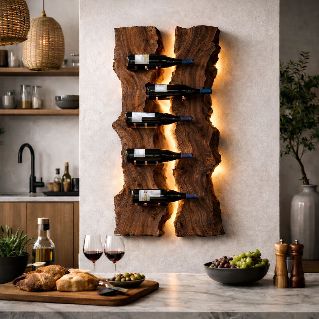 Wall-Mounted Wine Rack – Sculptural Solid Wood Bottle Holder with LED Lighting
