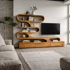 S-Shaped TV Stand – Solid Wood Media Console with Shelves for Living Room Decor