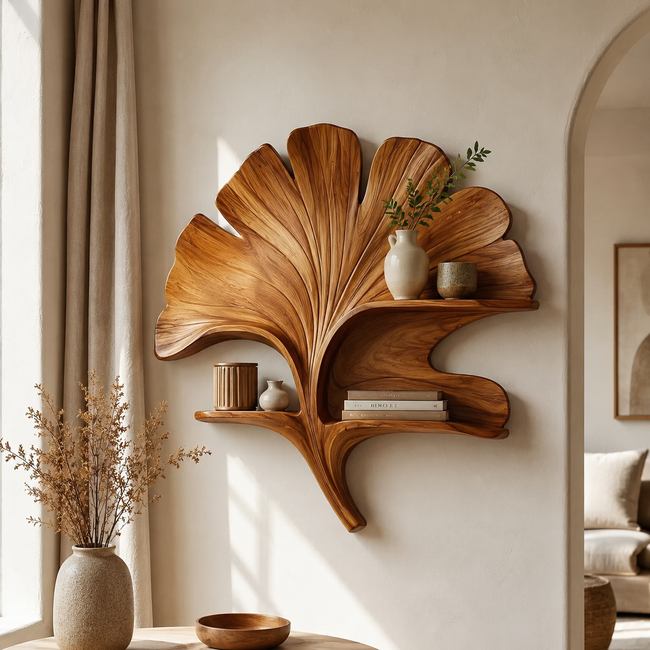 Ginkgo Leaf Wood Wall Art – Solid Wood Floating Shelf for Living Room Decor Hover Image