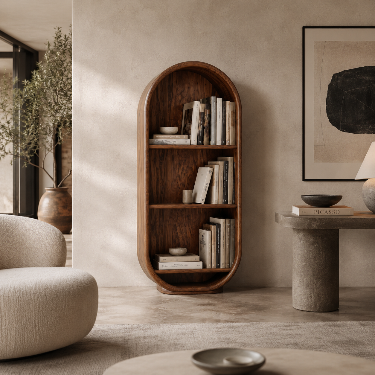 Arched Wood Bookshelf – Solid Wood Display Cabinet for Living Room Decor