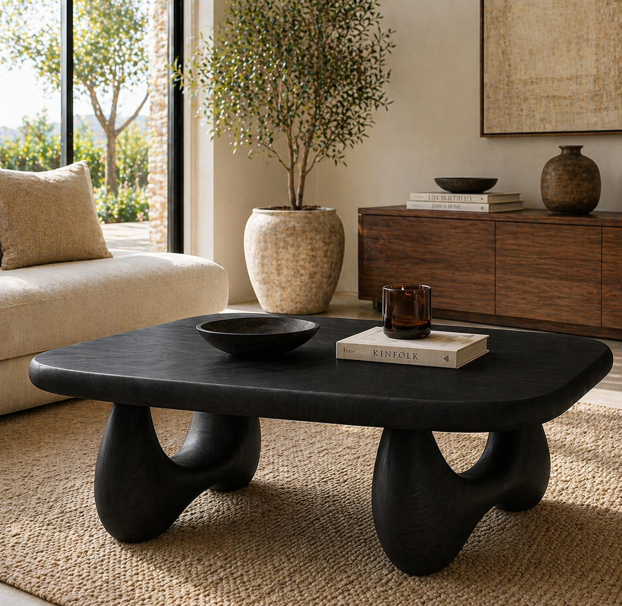 Rounded Coffee Table – Solid Wood Modern Table for Living Room Decor