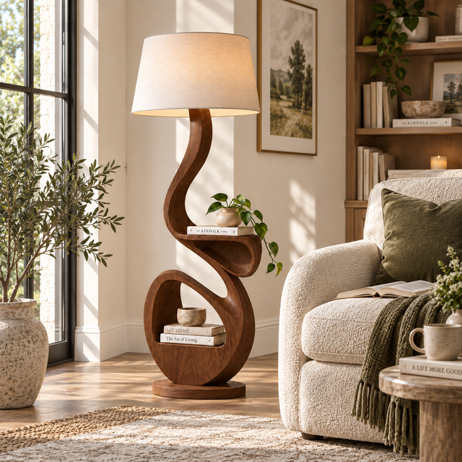 Sculptural S-Curve Wood Floor Lamp with Shelves Main Image