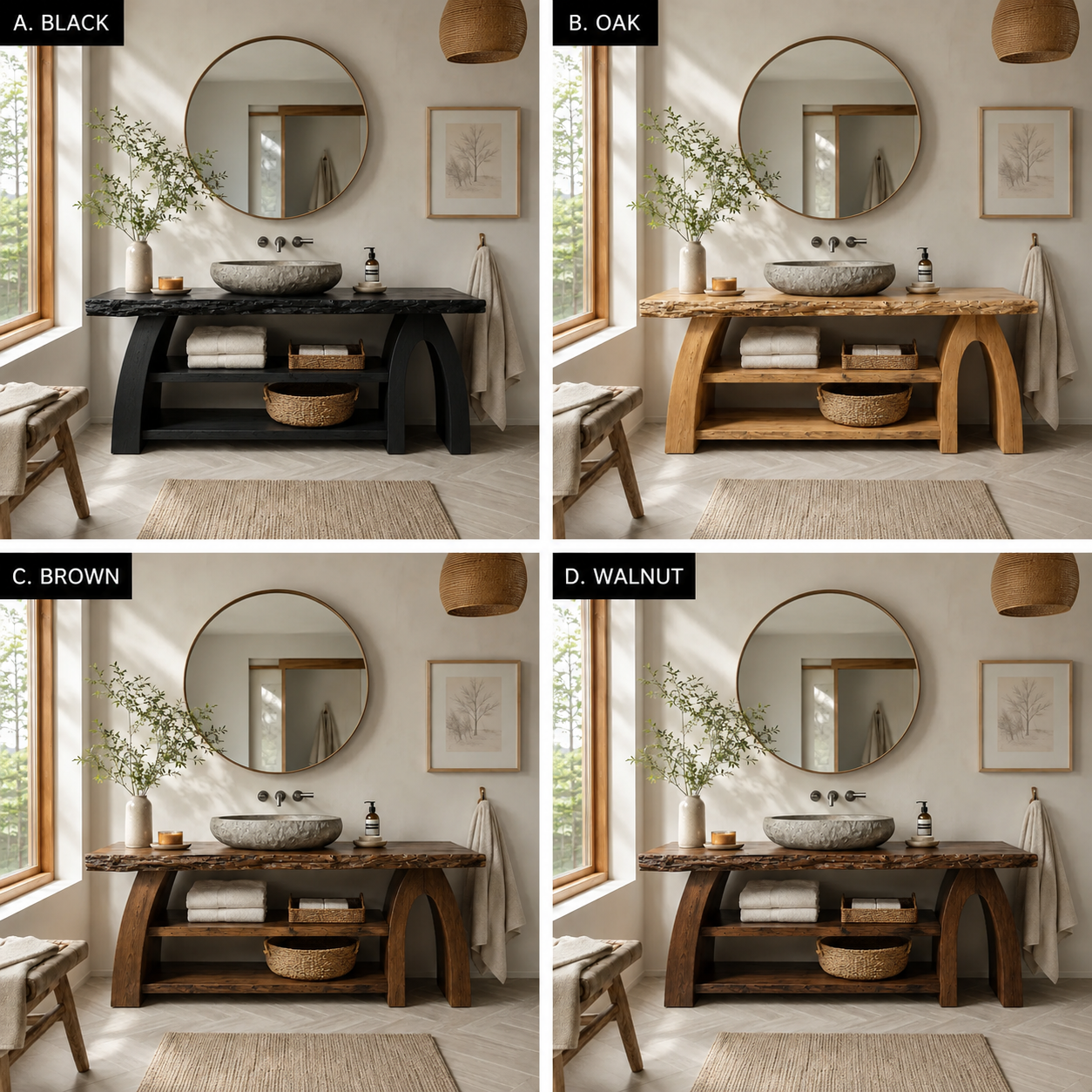 Live Edge Wood Bathroom Vanity – Solid Wood Sink Console with Storage Shelves for Bathroom Decor