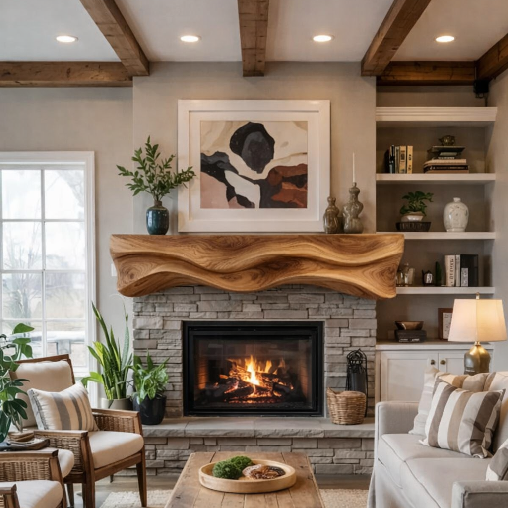 Solid Wood Live Edge Fireplace Mantel Shelf – Rustic Design