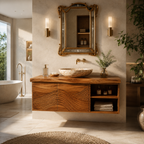 Wave Carved Wood Bathroom Vanity – Solid Wood Floating Sink Cabinet with Open Storage for Bathroom Decor
