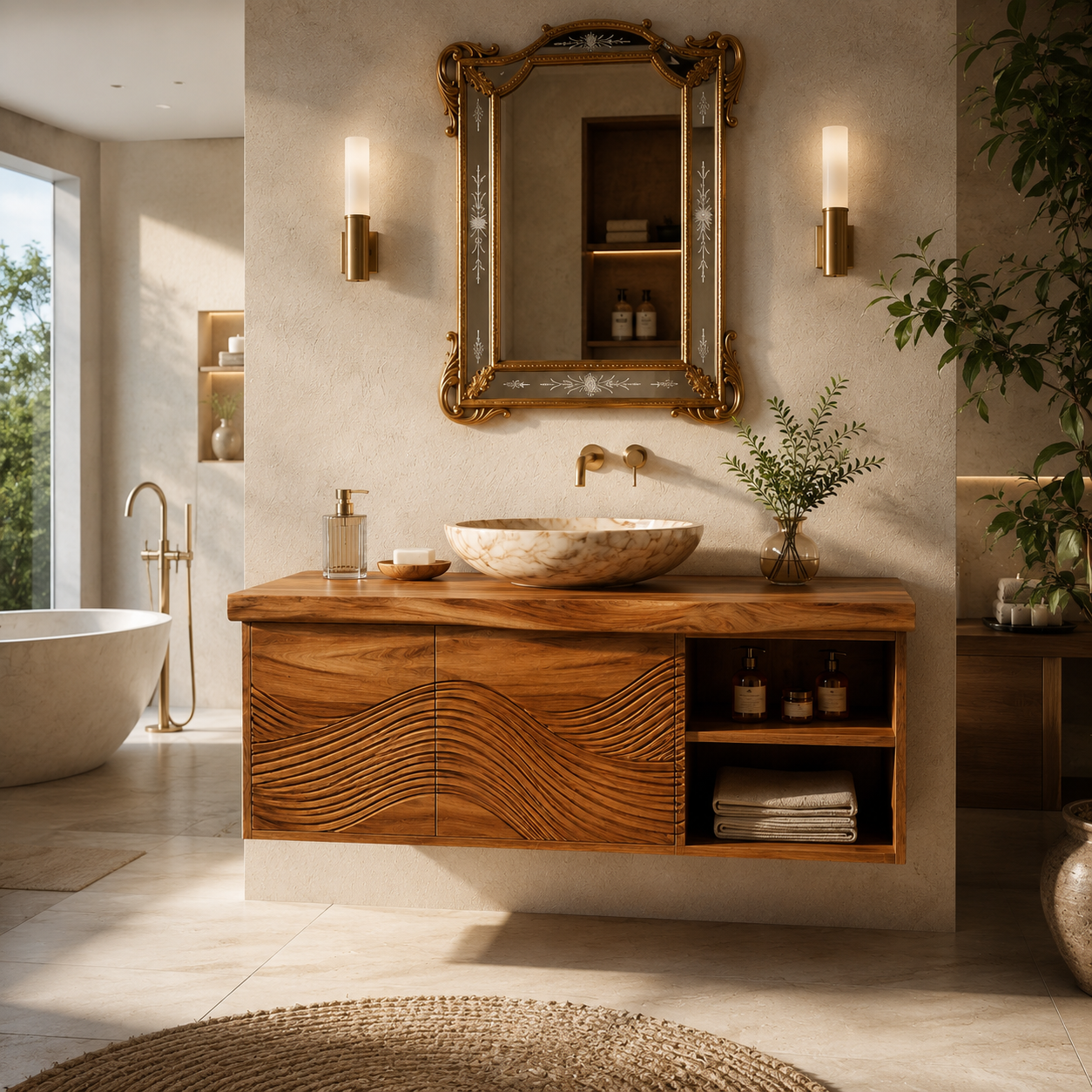 Wave Carved Wood Bathroom Vanity – Solid Wood Floating Sink Cabinet with Open Storage for Bathroom Decor