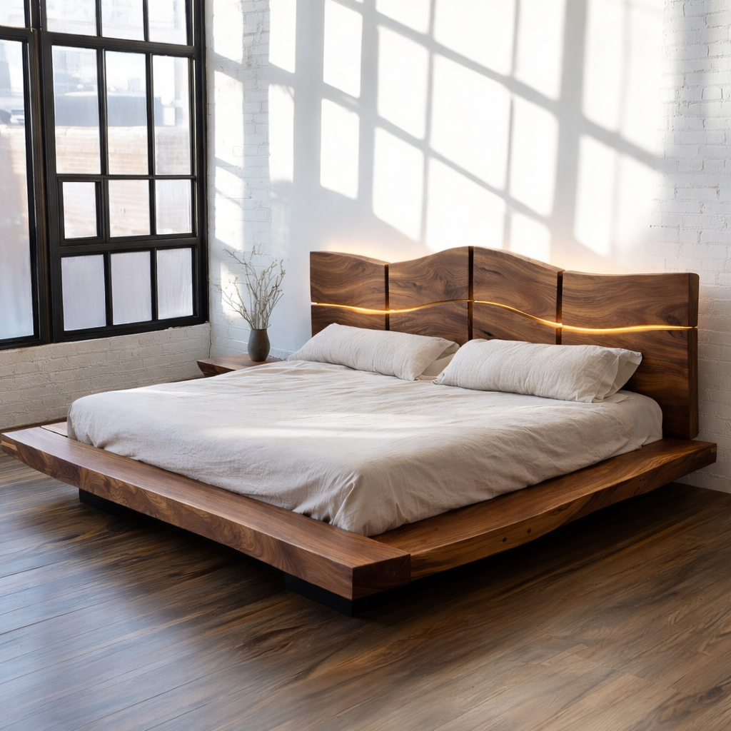 Live Edge Bed Frame – Solid Wood Bed with LED Headboard