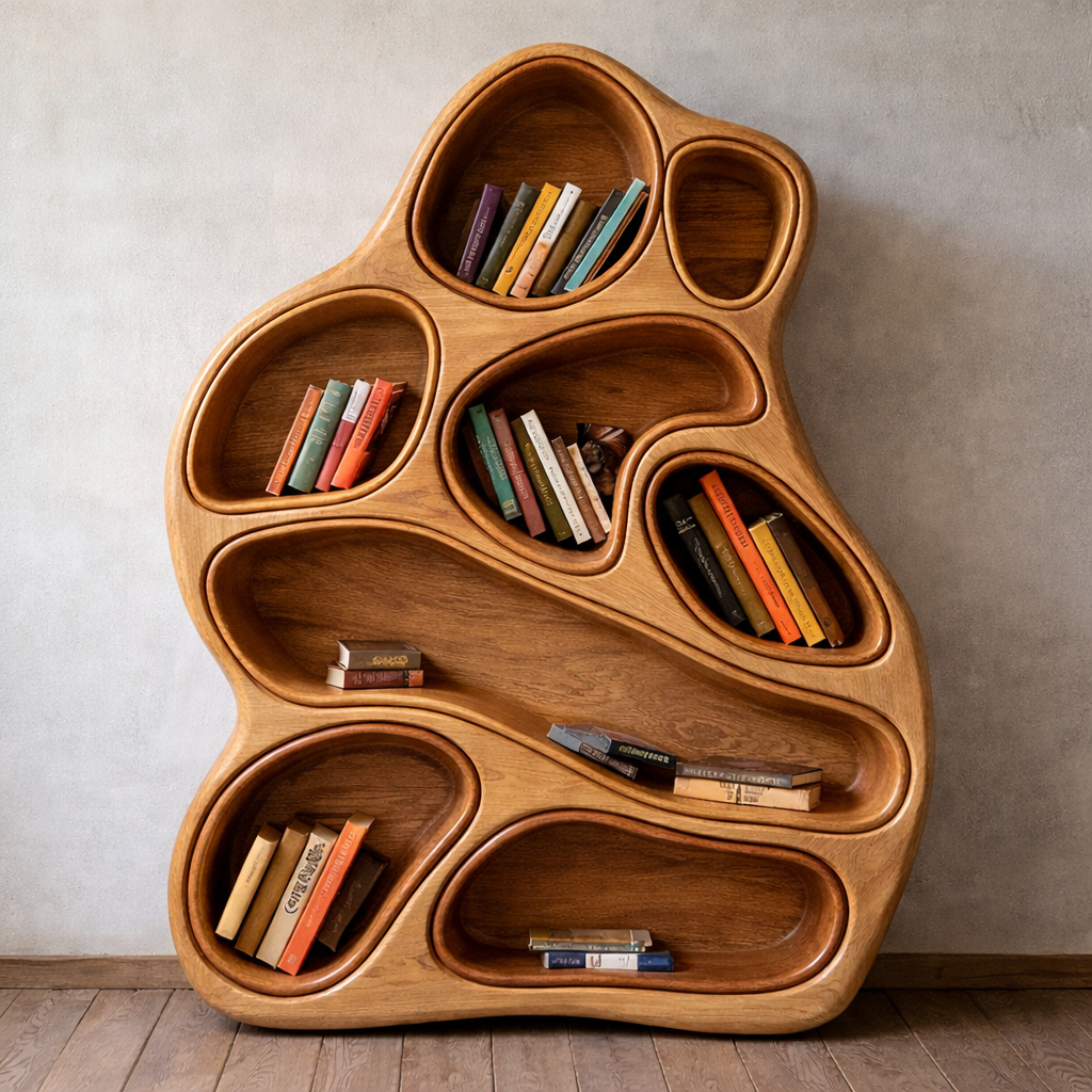 Sculptural Bookshelf – Handmade Solid Wood Shelf for Modern Interiors