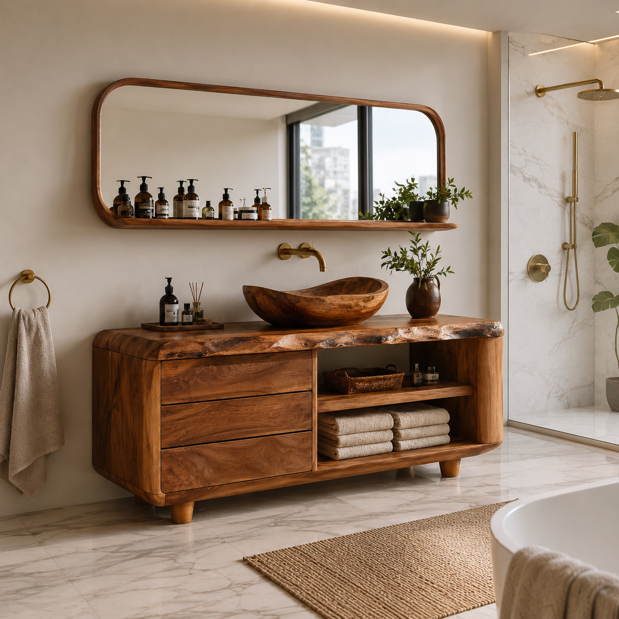 Live Edge Wood Bathroom Vanity – Solid Wood Sink Cabinet with Mirror Shelf for Bathroom Decor