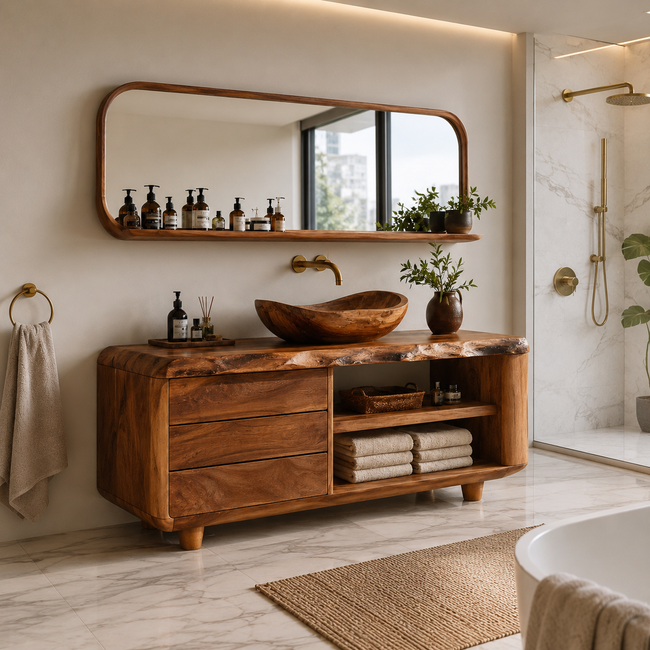 Live Edge Wood Bathroom Vanity – Solid Wood Sink Cabinet with Mirror Shelf for Bathroom Decor Hover Image