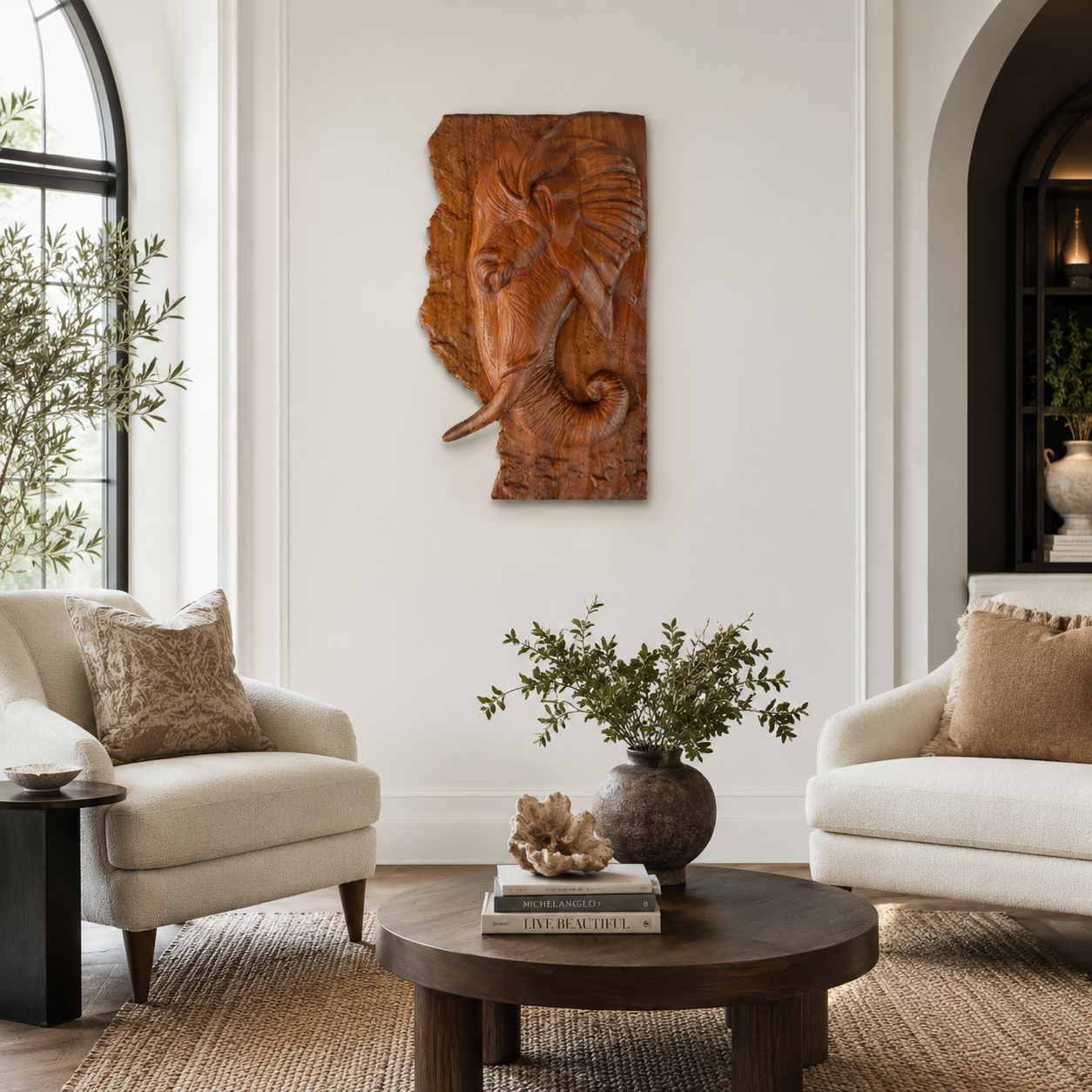 Elephant Wood Wall Art – Solid Wood 3D Relief Carving for Living Room Decor