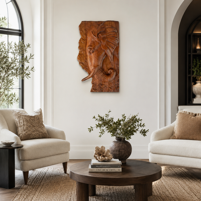 Elephant Wood Wall Art – Solid Wood 3D Relief Carving for Living Room Decor Hover Image